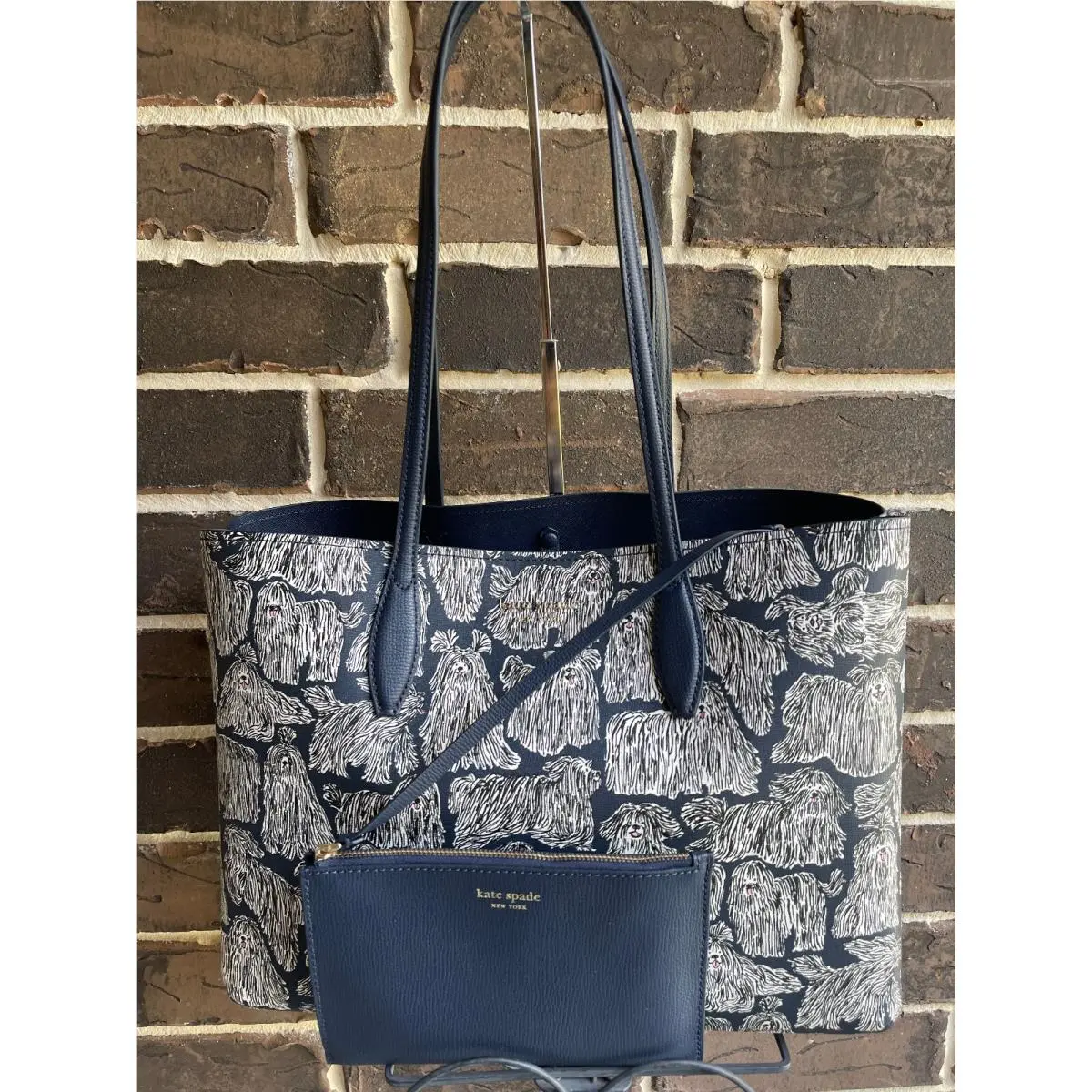 Kate Spade All Day Show Dogs Large Tote w/ Pouch Blazer Blue Shaggy Dog