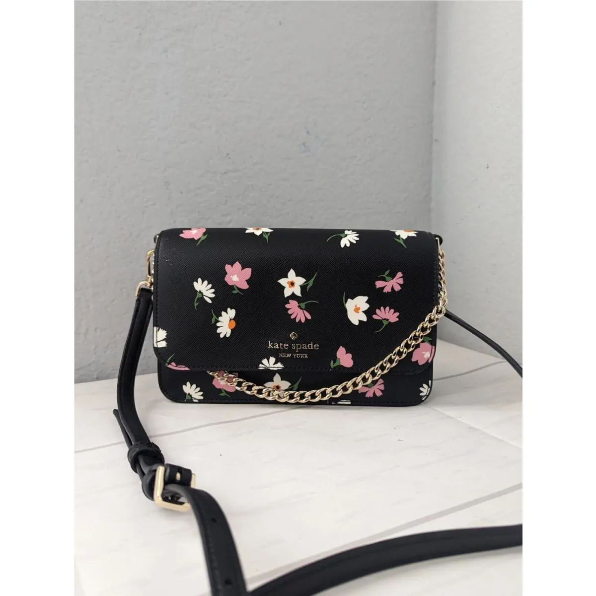 Kate Spade KF477 Madison Floral Waltz Small Flap Crossbody Black Multi