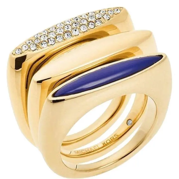 Michael Kors Gold Tone Blue Lapis Crystal Set OF 3 Stacking Rings Size 6 MKJ4512