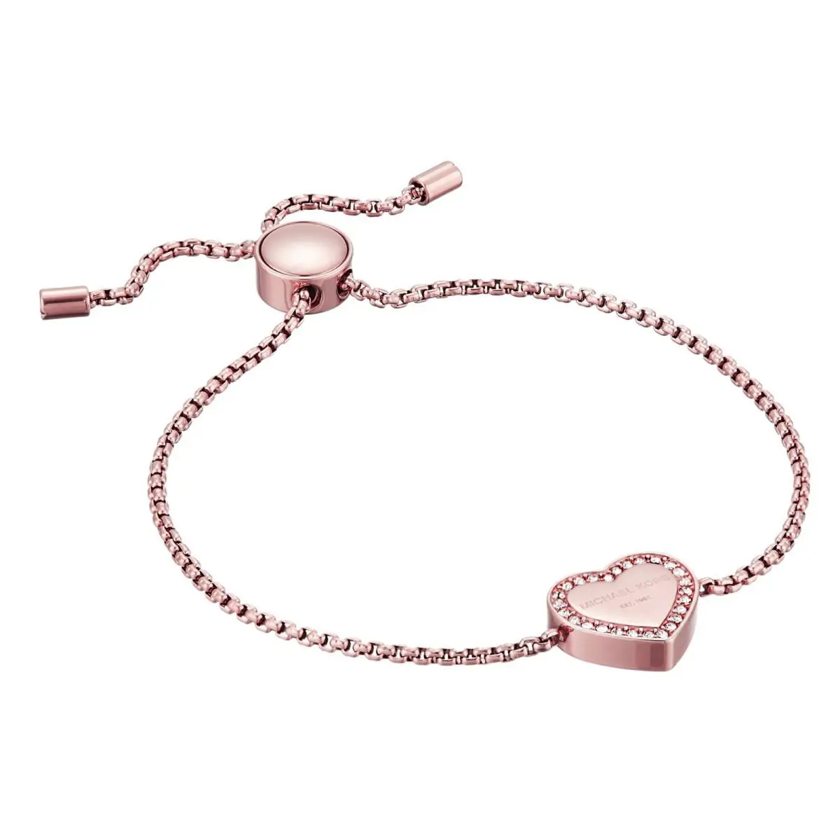 Michael Kors Brand Rose Gold Logo Pave Heart Charm Sliding Bracelet