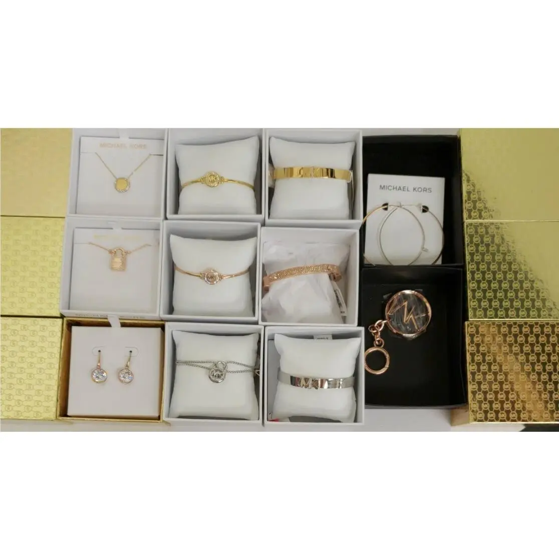 Brilliance Necklaces Bracelets Earrings Gold Silver Rose Jewelry MK logo bangle bracelet by Michael Kors