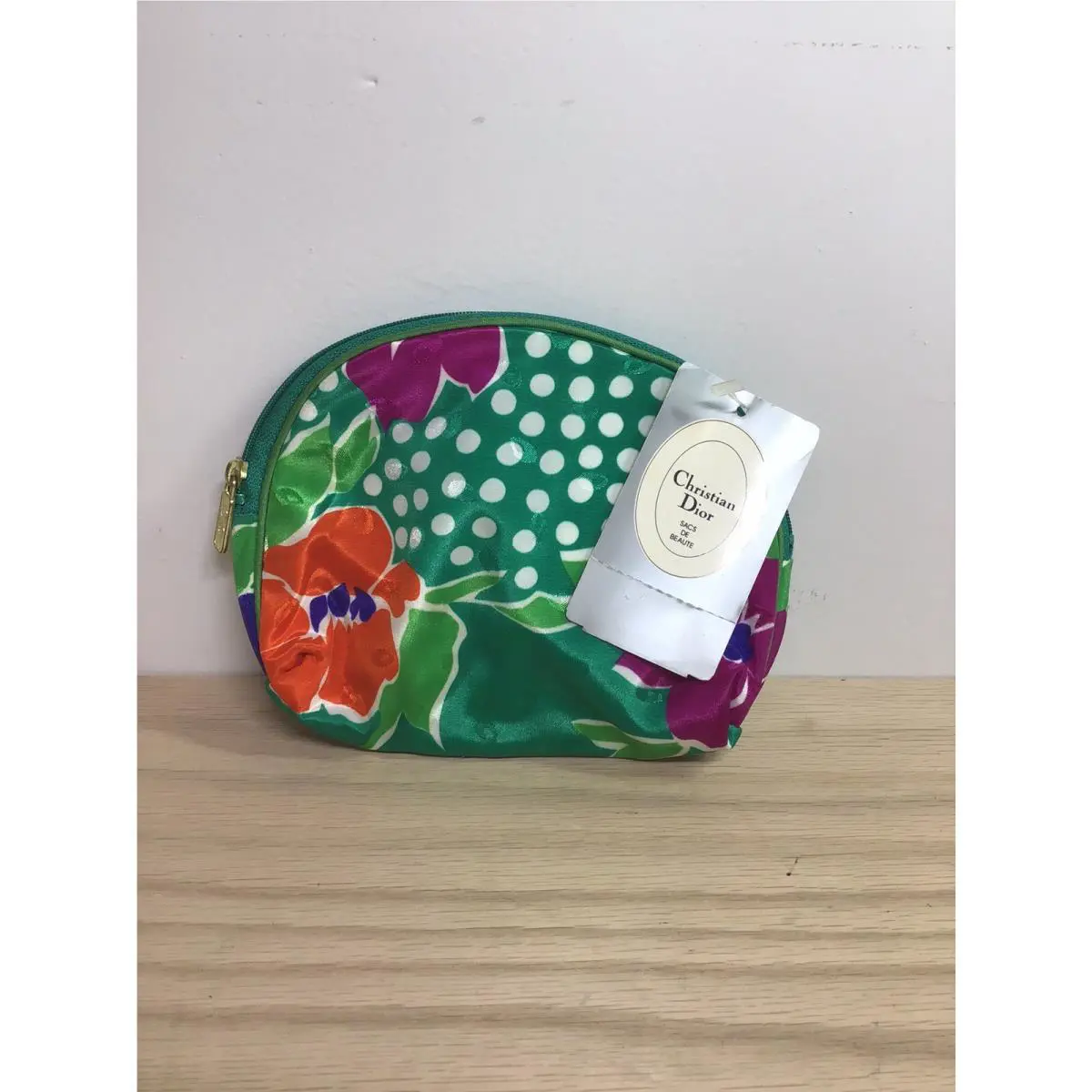 Vintage Christian  Small Cosmetic Bag Green/floral/polka Dot by Dior