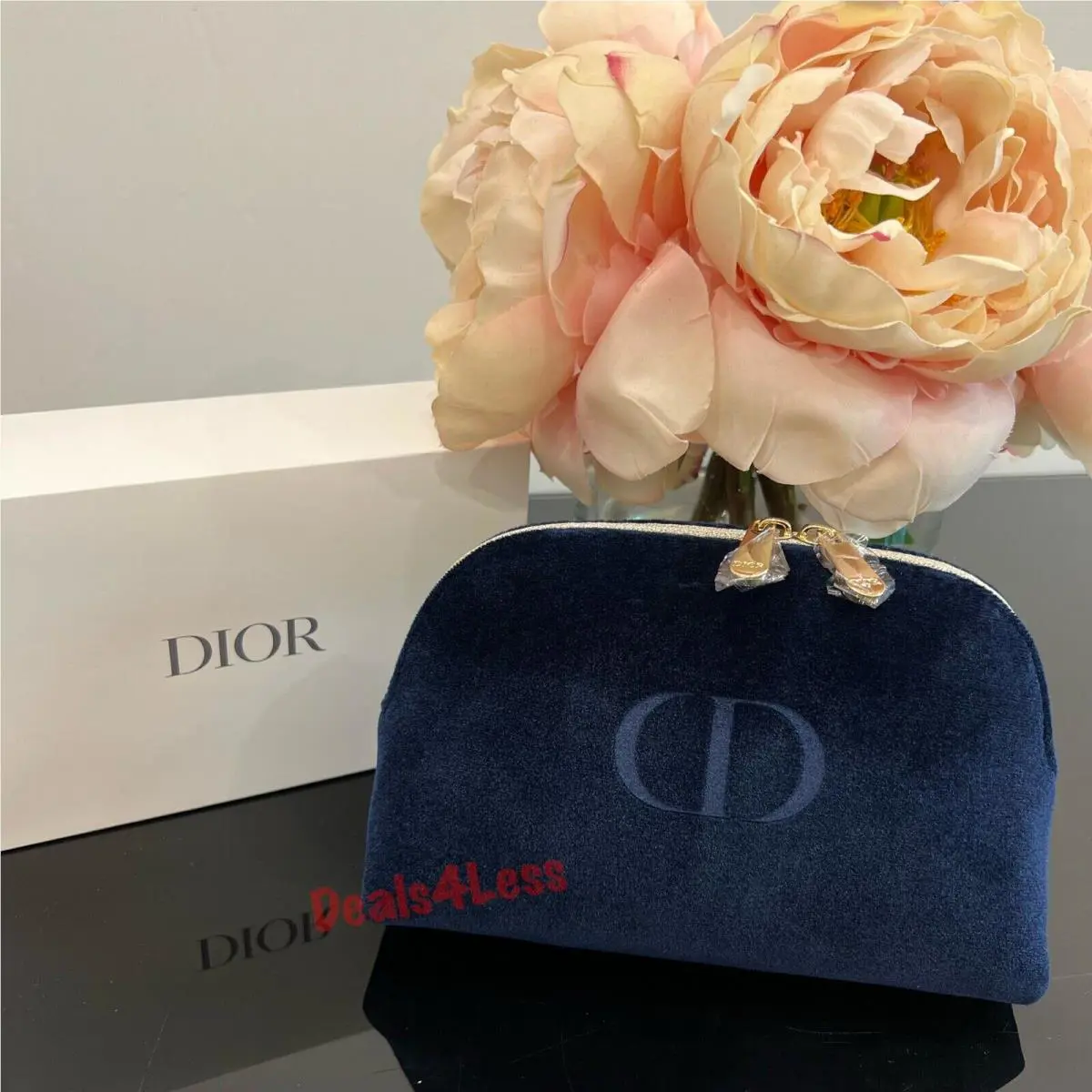 Dior Pouch Bag Cosmetic Case Purse Navy Velvet Logo Gold Zippers