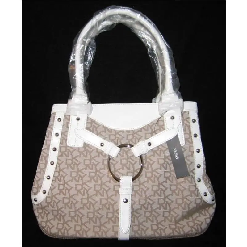 Dkny T C Fashion Hardness Logo Handbag Bag Purse Hemp-Ivory by DKNY