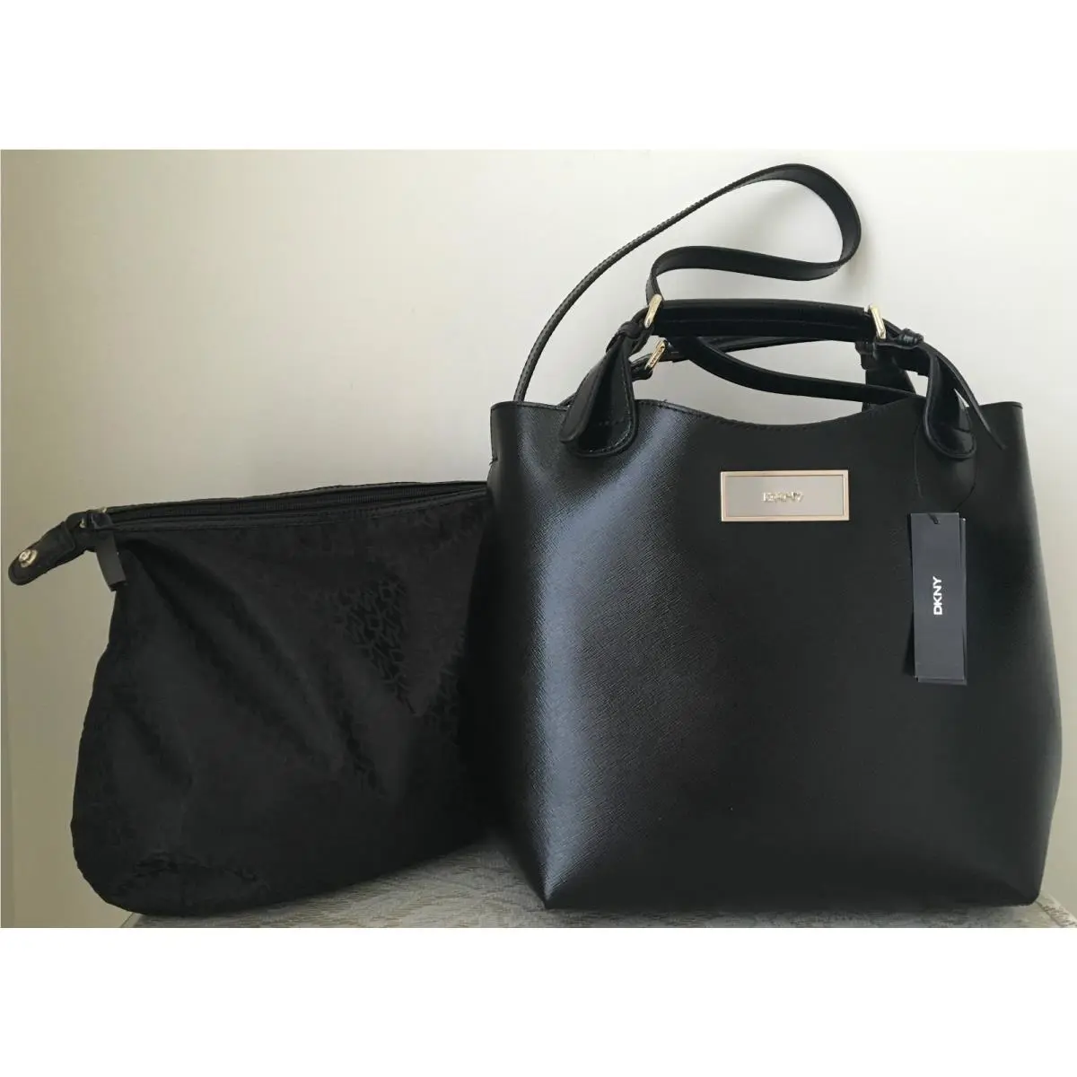Dkny Saffiano Leather Shiny Black Speedy Purse Bag Tote Satchel