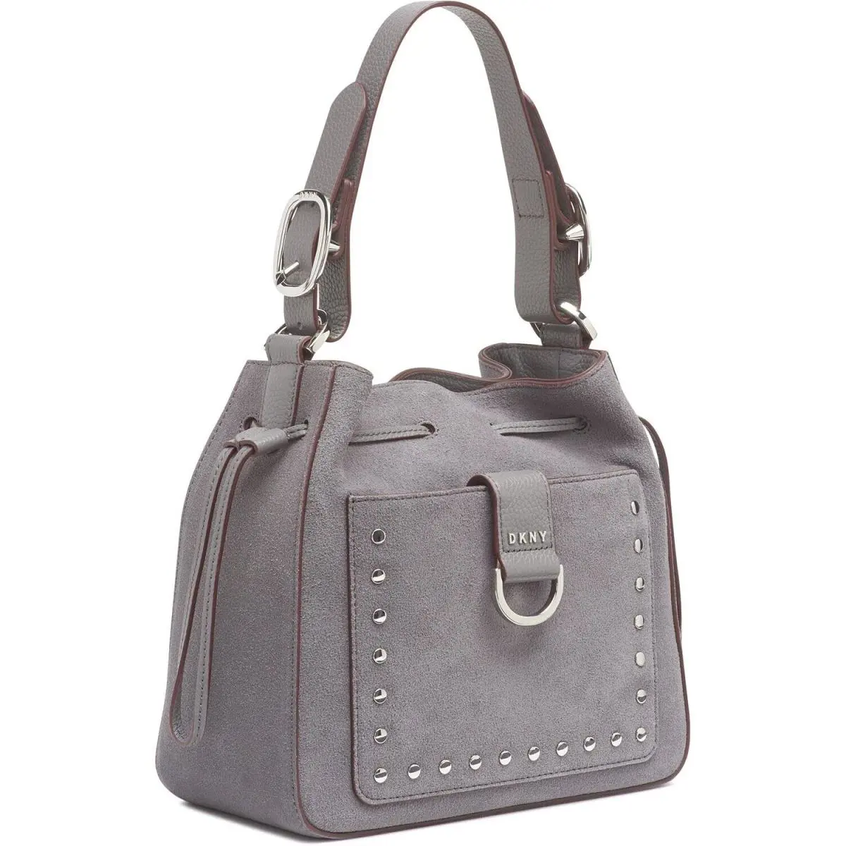 Dkny Wayne Suede Drawstring Bucket Bag Studded Crossbody Light Charcoal