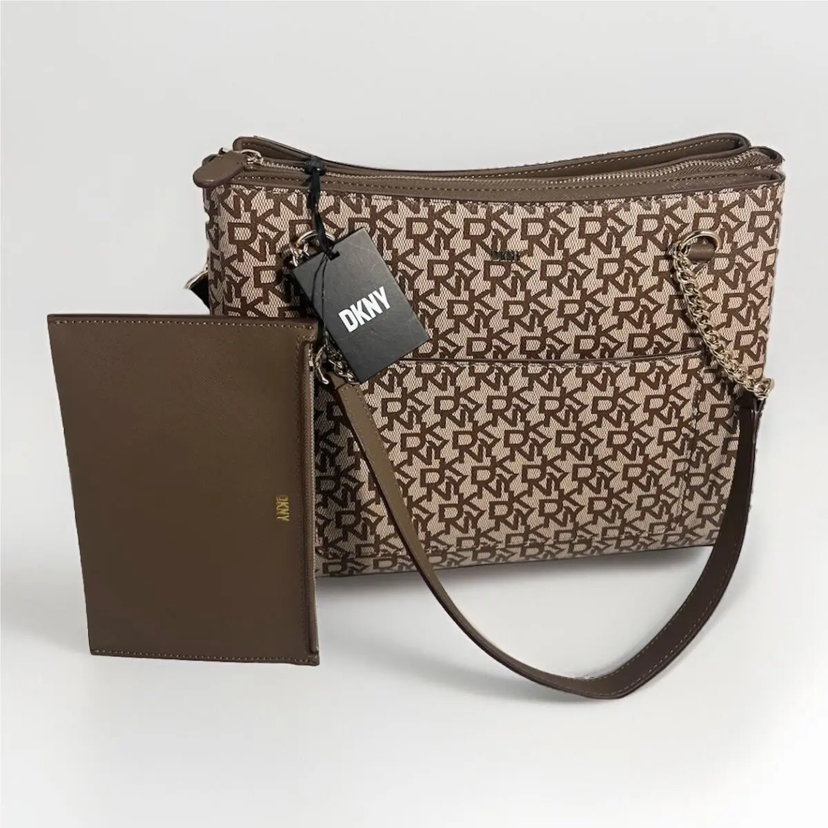 Dkny Bryanna Chain Shoulder Bag W/pouch Beige/tan Dkny Logo