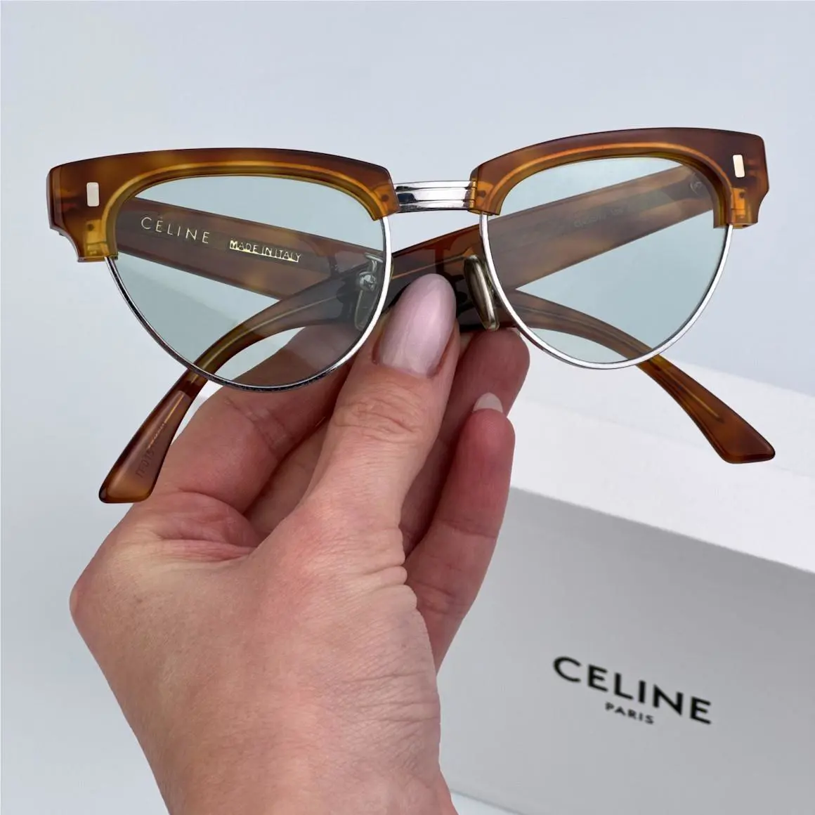 Celine Women Sunglasses Shiny Rhodium Havana Green Cat Eye CL40059U 18N