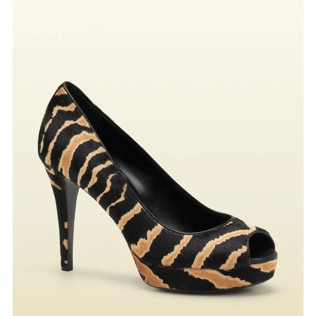 Betty Open-toe Calf Hair Platform Pump Shoes 297203 by Gucci