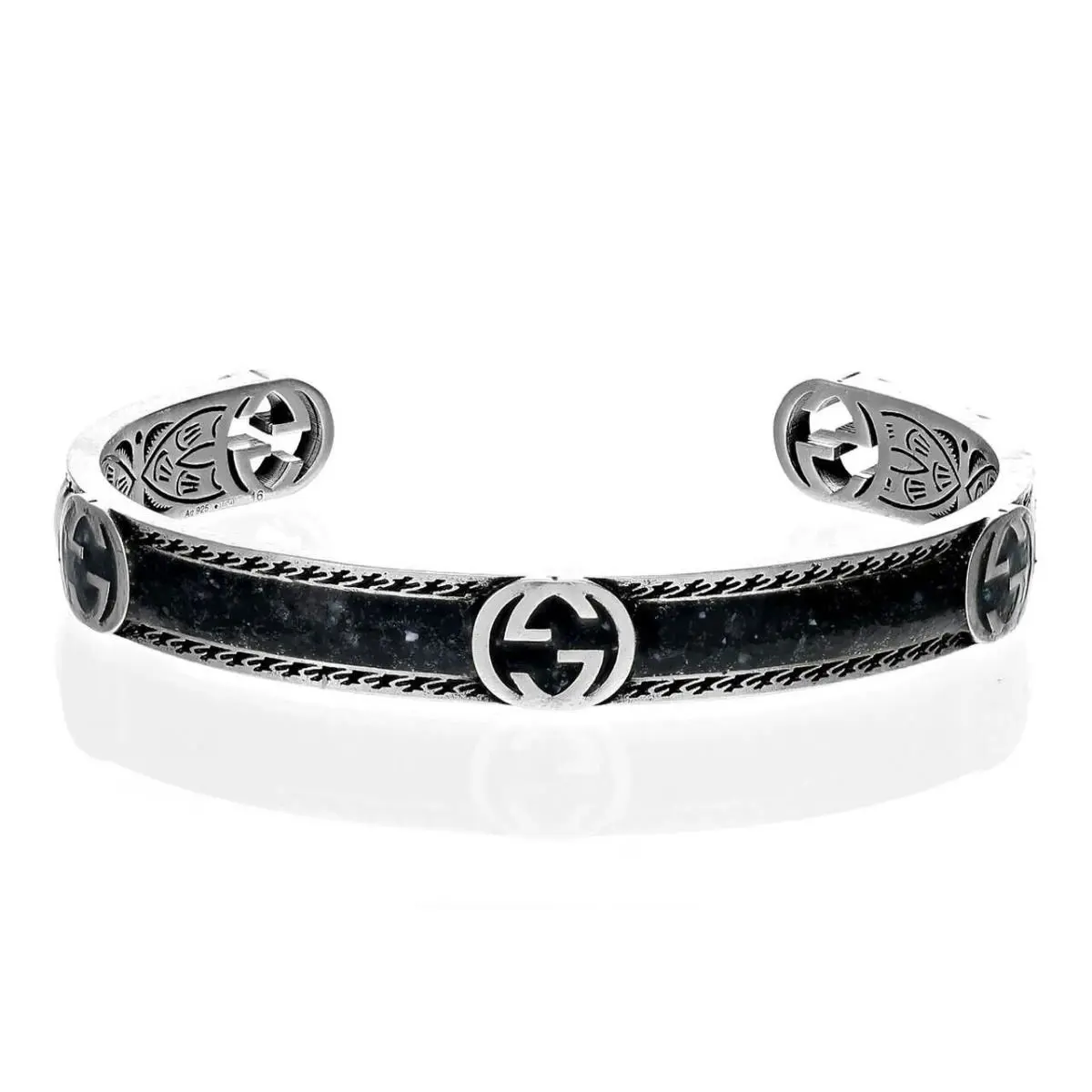 Gucci Interlocking G Cuff Silver Black Bracelet YBA6455700030