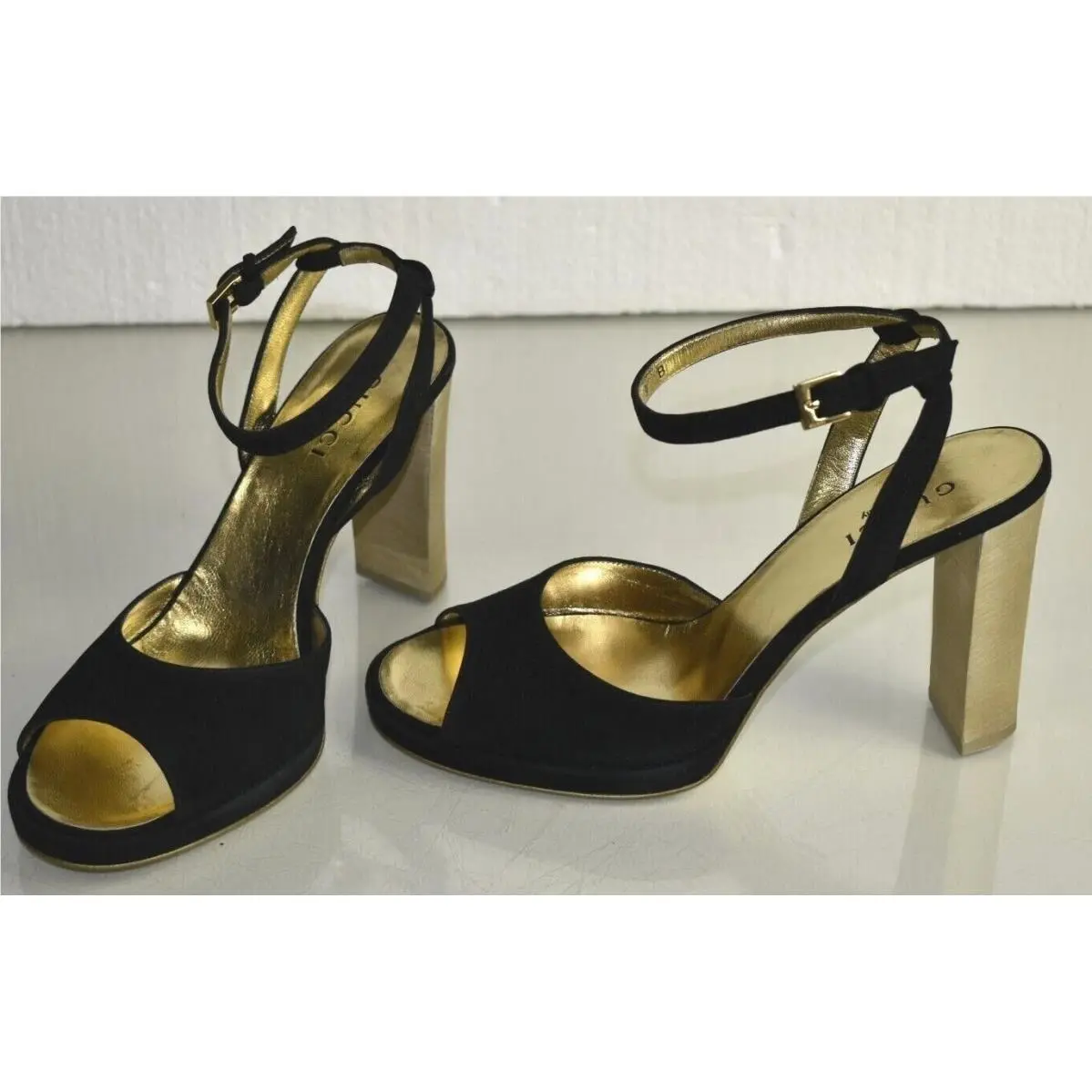 Sandals Suede Black Heels Ankle Strap Platform Open Toe Buckle Shoes 9 by Gucci
