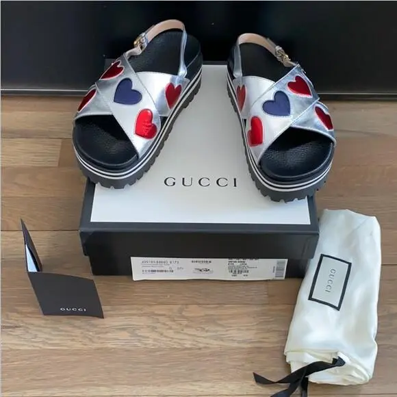 Metallic Silver Heart Flatform Sandals Striped Web Shoes 39.5 by Gucci