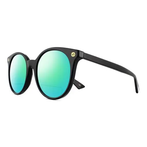 GG0091S Womens Round Designer Polarized Bifocal Sunglasses Black Gold 52mm Green Mirror by Gucci