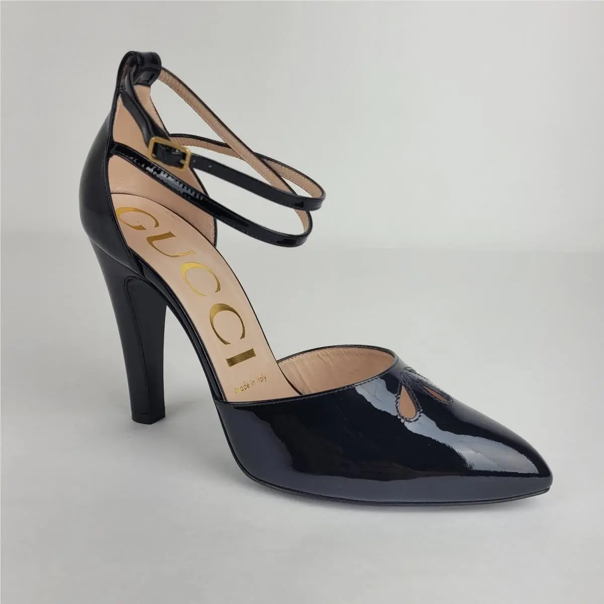 Women`s Black Patent Leather Ankle Strap Heel Pumps 601573 1000 by Gucci
