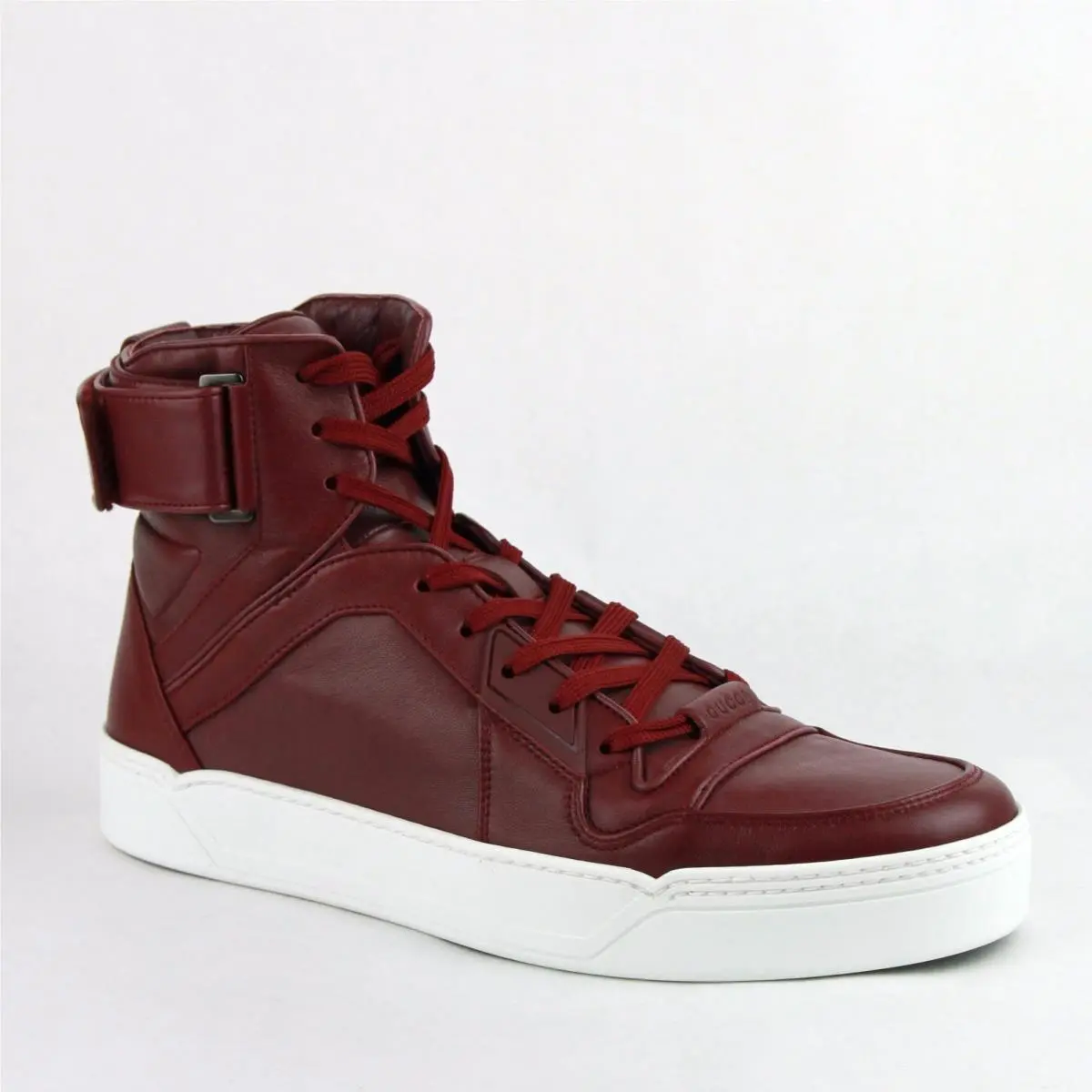 Men`s Strong Red Leather High Top Sneakers W/strap 386738 6148 by Gucci