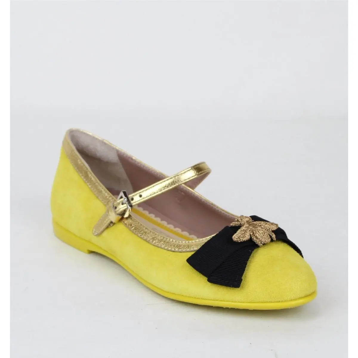 Girl Children`s Yellow Suede Ballet Flats W/embroided Bee 455396 7179 by Gucci