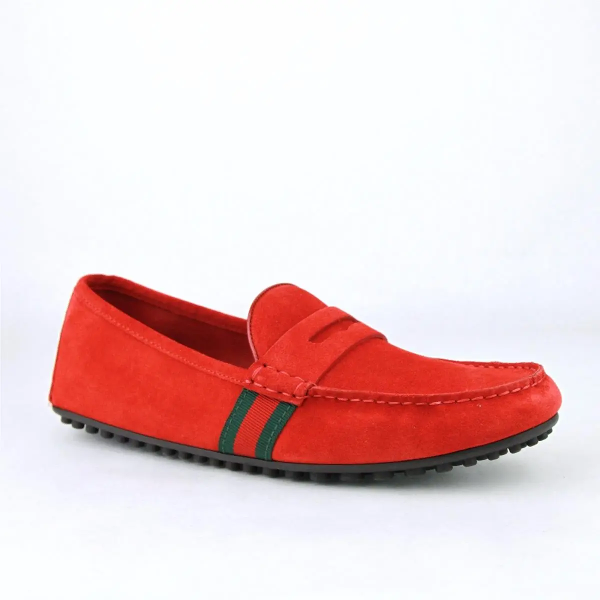 Men`s Red Suede Driver Loafer Shoes Grg Web Detail 407411 6460 by Gucci