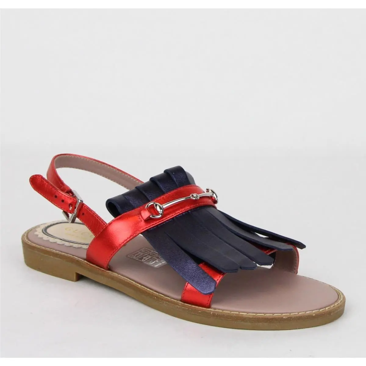 Girl Children`s Red/blue Metallic Leather Fringe Sandals 455387 4071 by Gucci