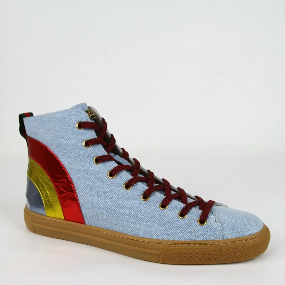 Men`s Blue Denim Lame Rainbow Sneaker with Metal Tiger 450887 4969 by Gucci
