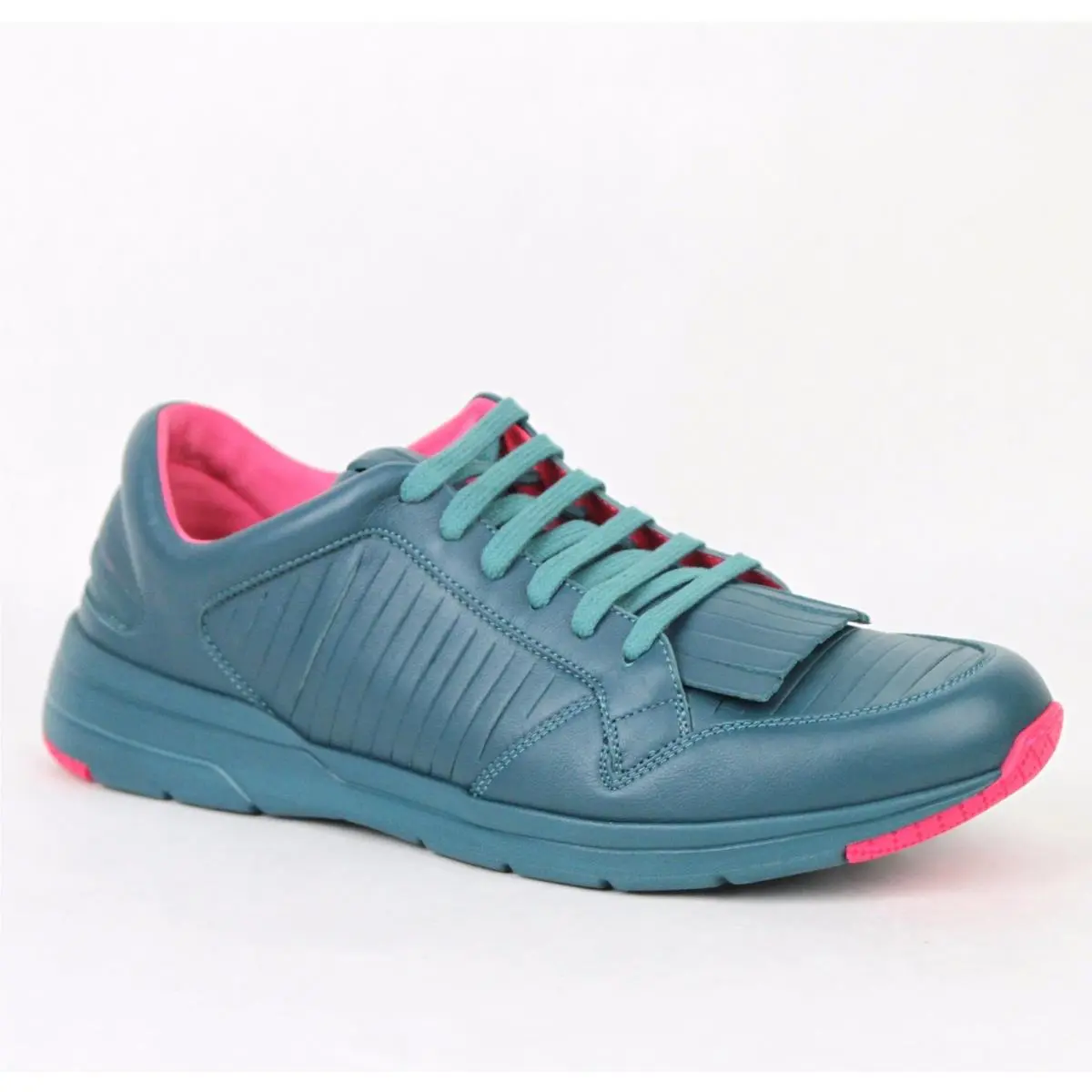 Men`s Contrast Leather Fringe Sneakers Teal Pink 368482 4418 by Gucci