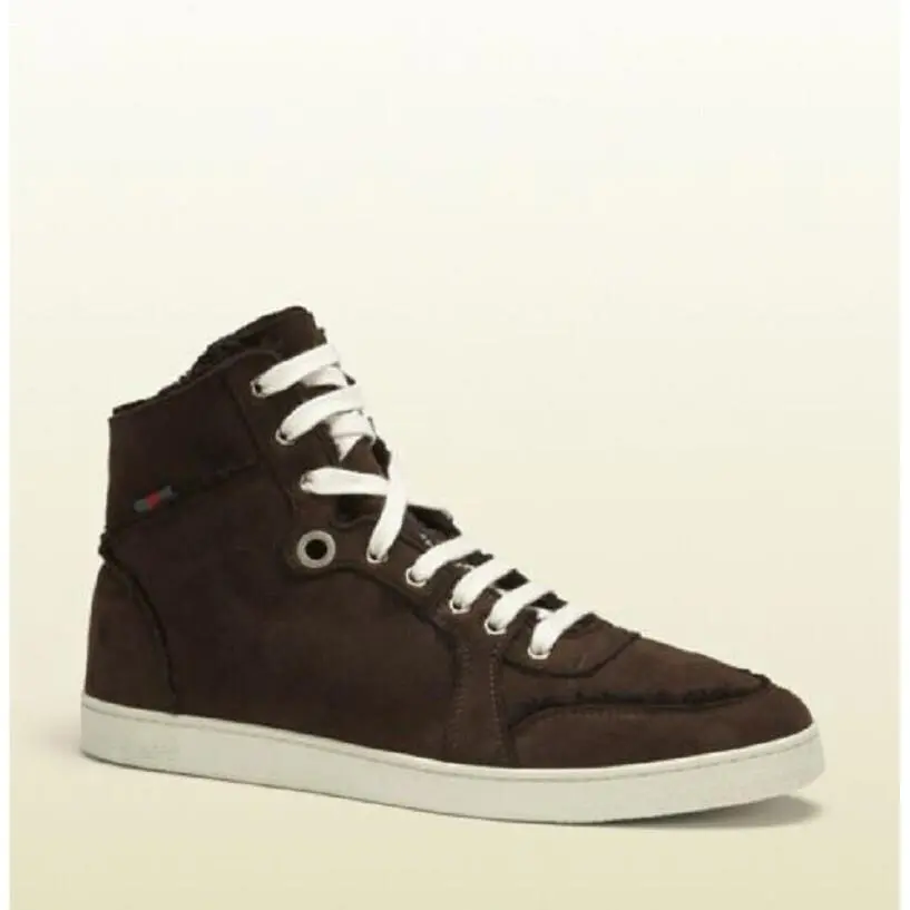 Men`s Cocoa Brown Suede Shearling High-top Sneaker W/web 309408 2140 by Gucci