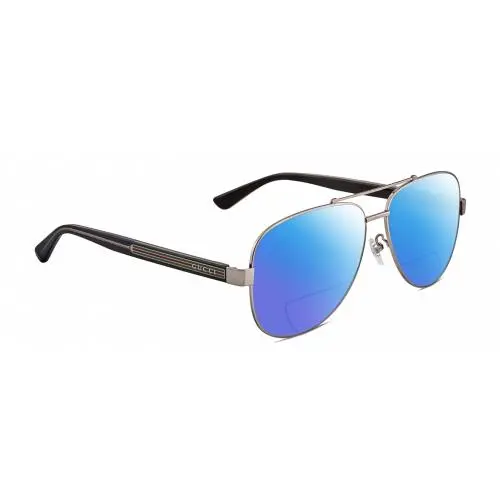 GG0528S Pilot Polarized Bifocal Sunglasses Ruthenium Silver 63 mm 41 Opt Blue Mirror by Gucci