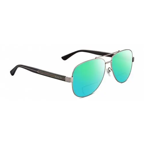 GG0528S Pilot Polarized Bifocal Sunglasses Ruthenium Silver 63 mm 41 Opt Green Mirror by Gucci