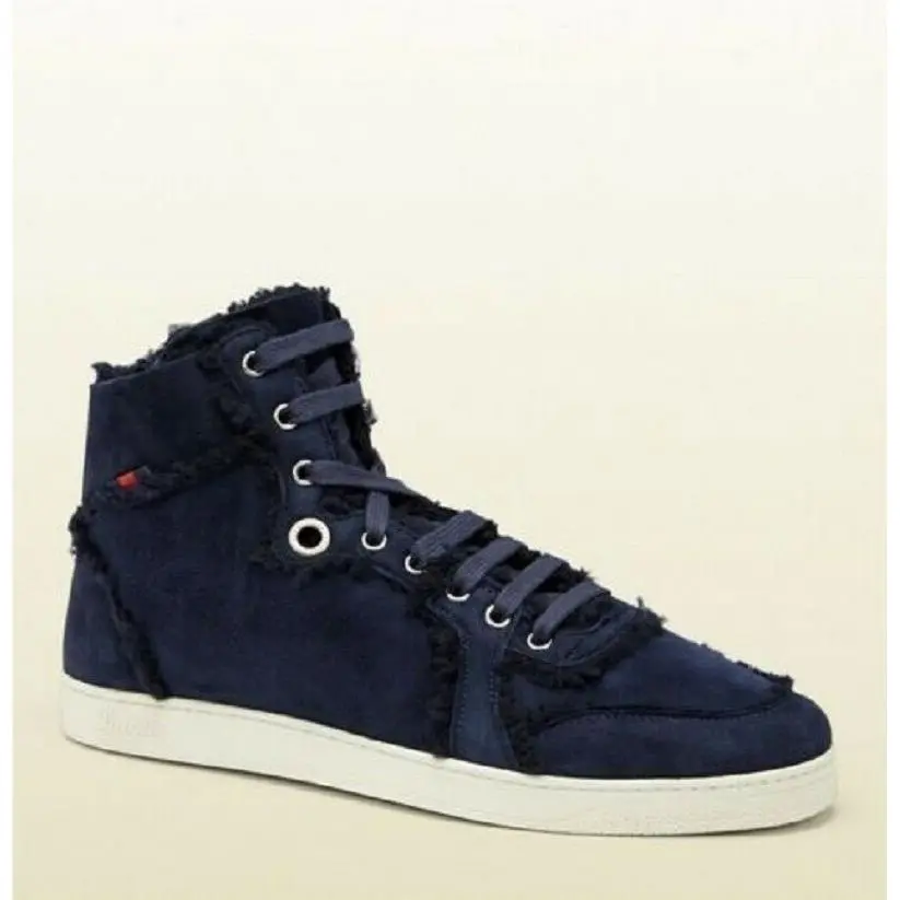Men`s Blue Suede Shearling High-top Sneaker W/web 309408 4009 by Gucci