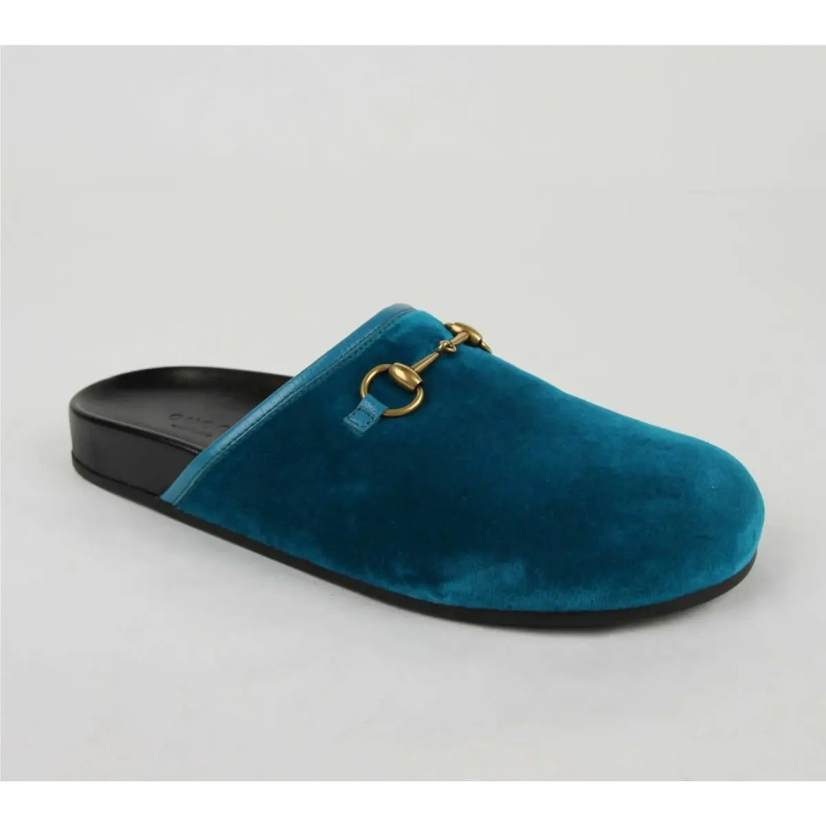 Gucci Women`s Dark Teal Velvet Slip On Loafer Sandal W/gold Horsebit 499015 4430