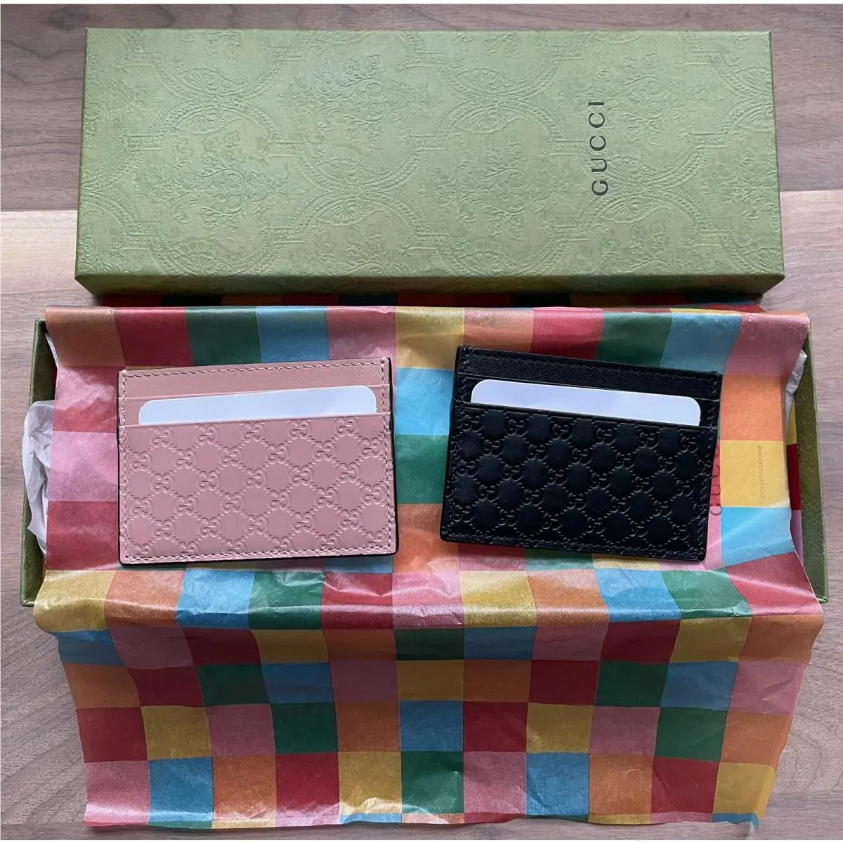 Gucci Micro Guccissima His Black Hers Soft Pink Leather Card Case