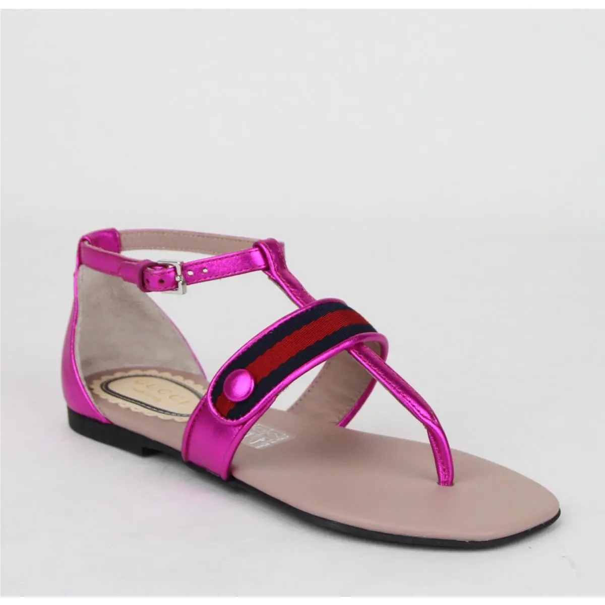 Gucci Girl Children`s Pink Metallic Leather Sandal W/red Blue Web 455382 5565