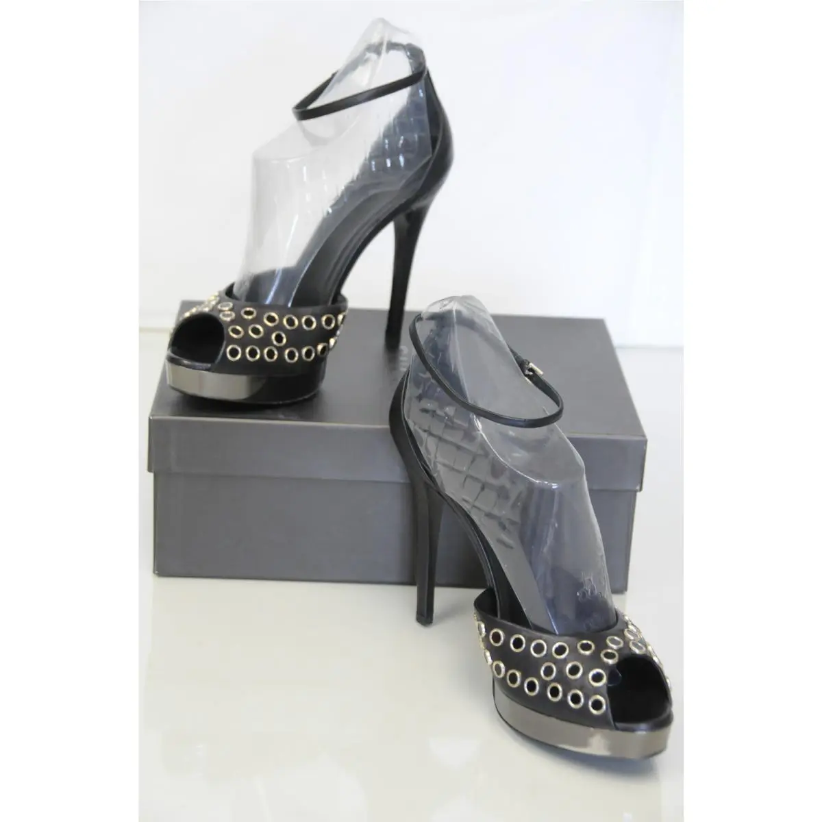 Black Platform Gold Grommets Peep Toe Sandals Ankle Strap Shoes 9 by Gucci