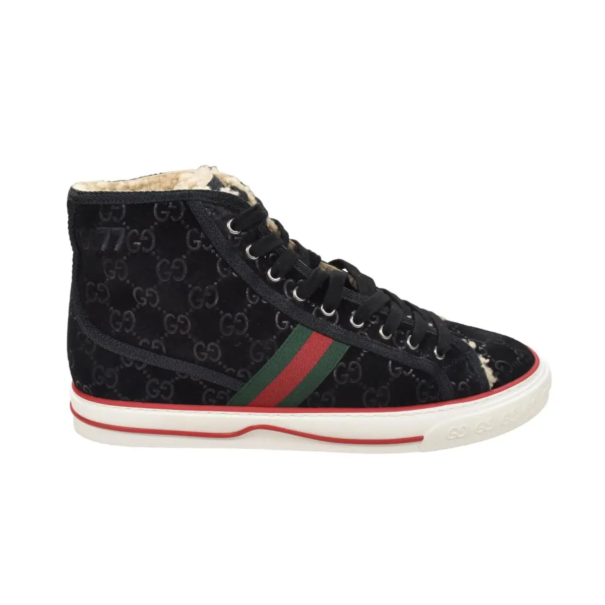 Men`s Gucci Black Suede Shearling Tennis 1977 GG High Top Sneakers