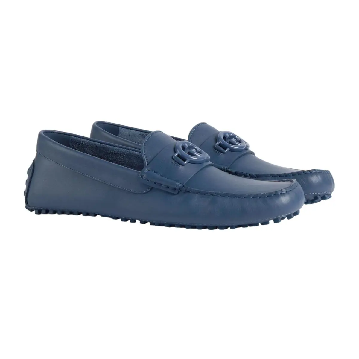 Men`s Gucci Blue Leather Interlocking G Driving Loafer Moccas - Blue
