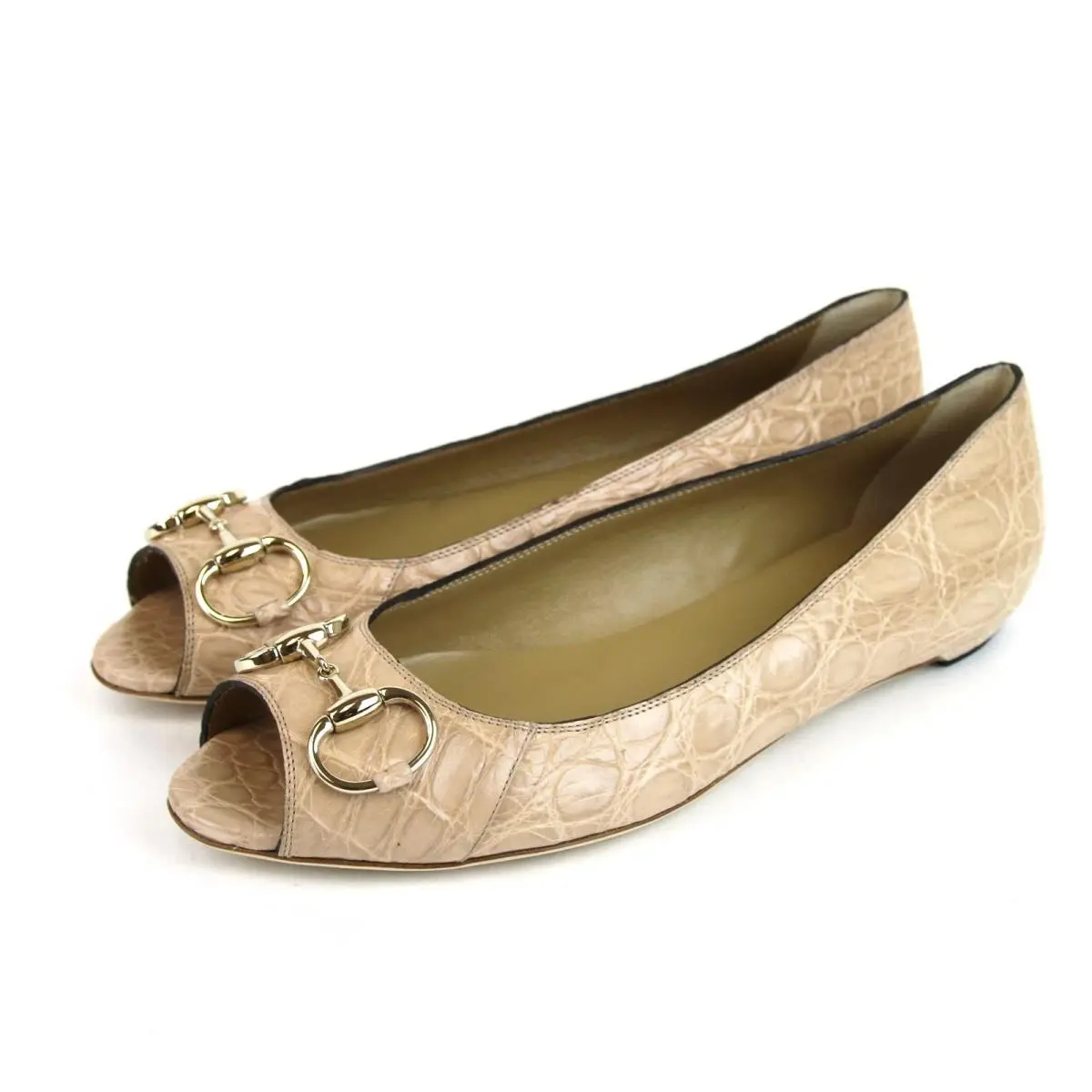 Gucci Crocodile Ballet Flat W/gold Horsebit 216014 9815