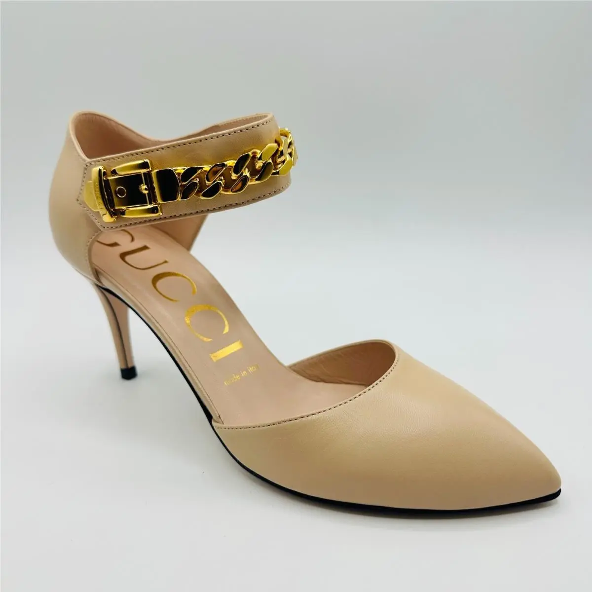 Women`s Beige Leather Heel Pump with Gold Ankle Chain 626711 6705 by Gucci