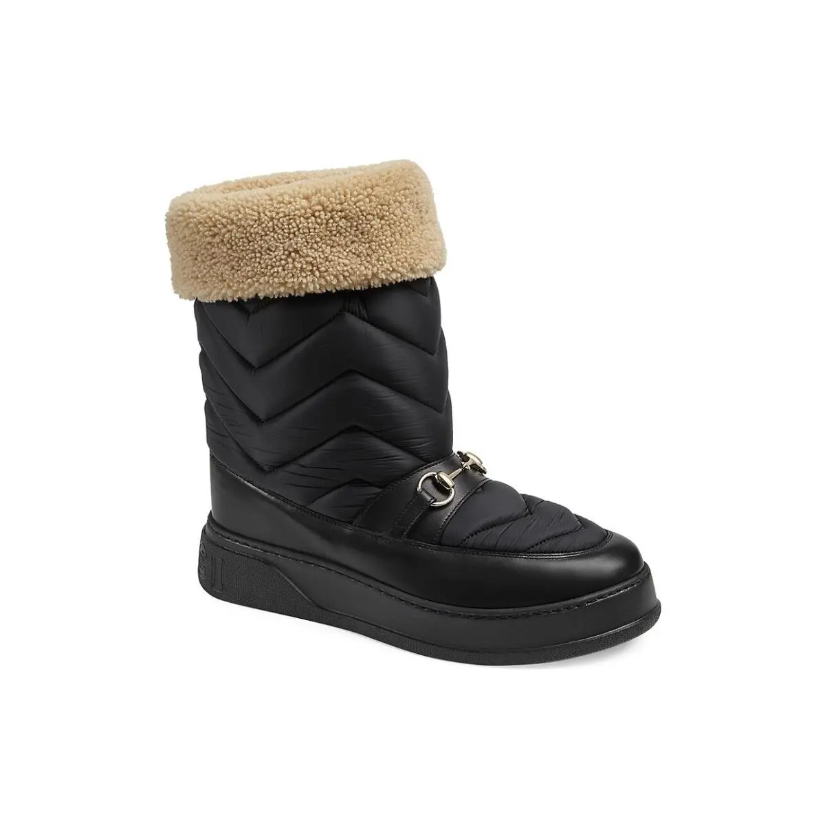Men`s Gucci Black Chunky Shearling Snow Horsebit Boots