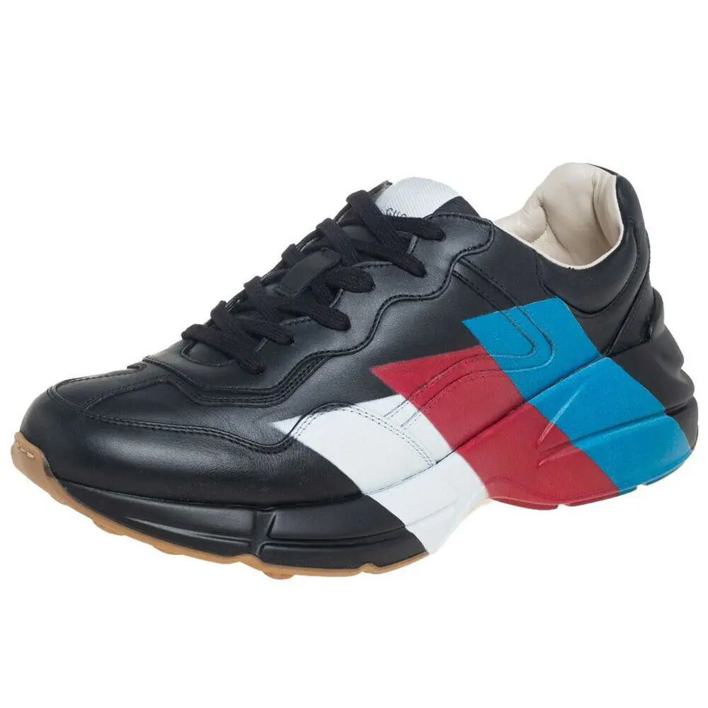 Men`s Gucci Black Leather Web Print Rhyton Sneakers 523535 - Black
