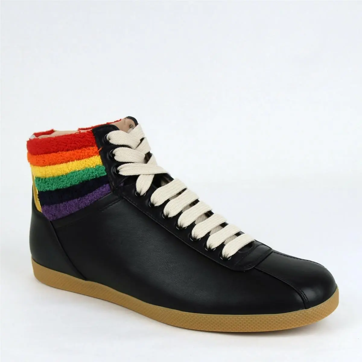 Gucci Men`s Black Leather Rainbow Hi-top Sneaker 473375 1079