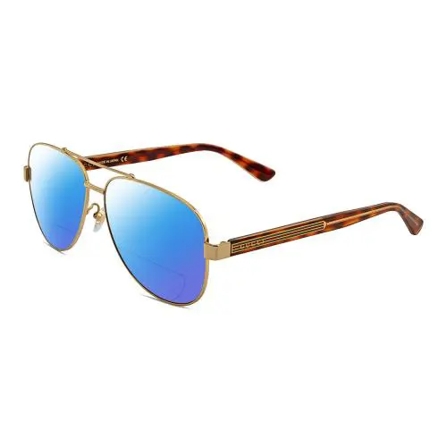 Gucci GG0528S Unisex Pilot Polarized Bifocal Sunglass Gold Tortoise 63mm 41Opt - Frame: Multicolor, Lens: Blue Mirror