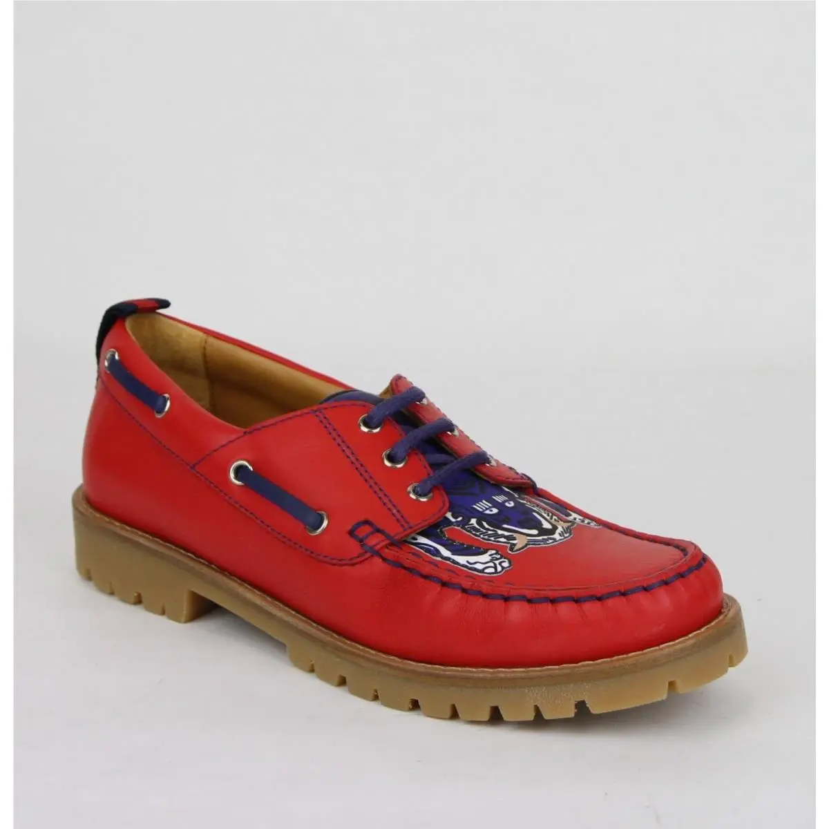 Boy Children`s Red Leather Loafer W/blue Animal Print 455436 6573 by Gucci