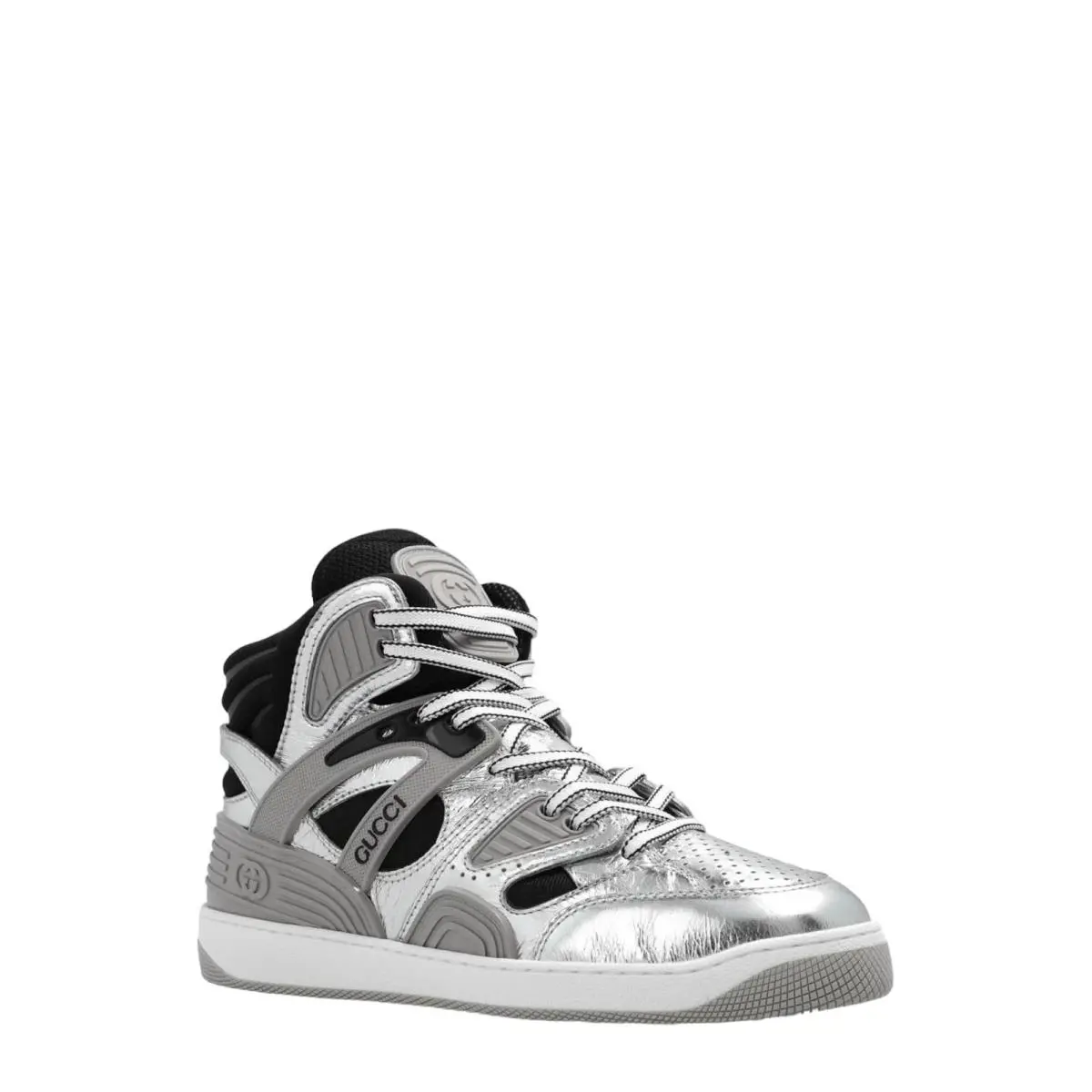 Men`s Gucci Silver Leather Basket High Top Sneakers 724005 - Silver