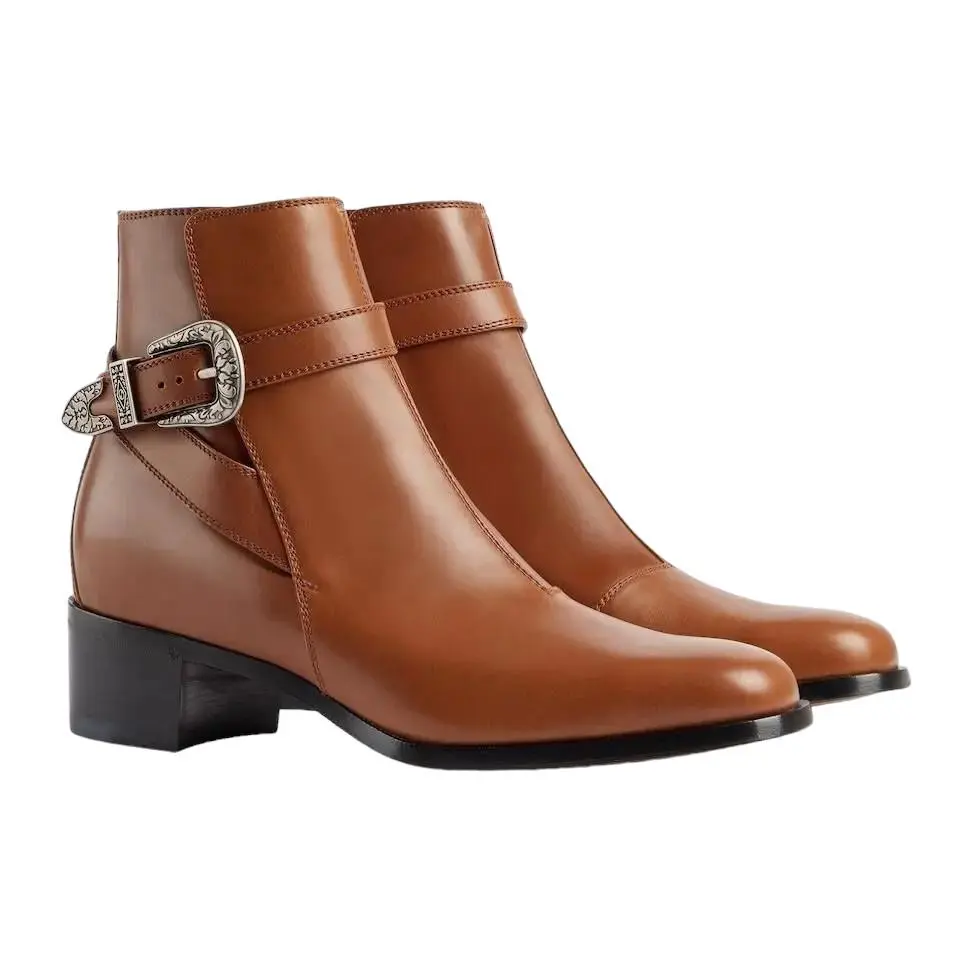 Men`s  Leather Engraved Buckle Ankle Boots 723657 Brown by Gucci