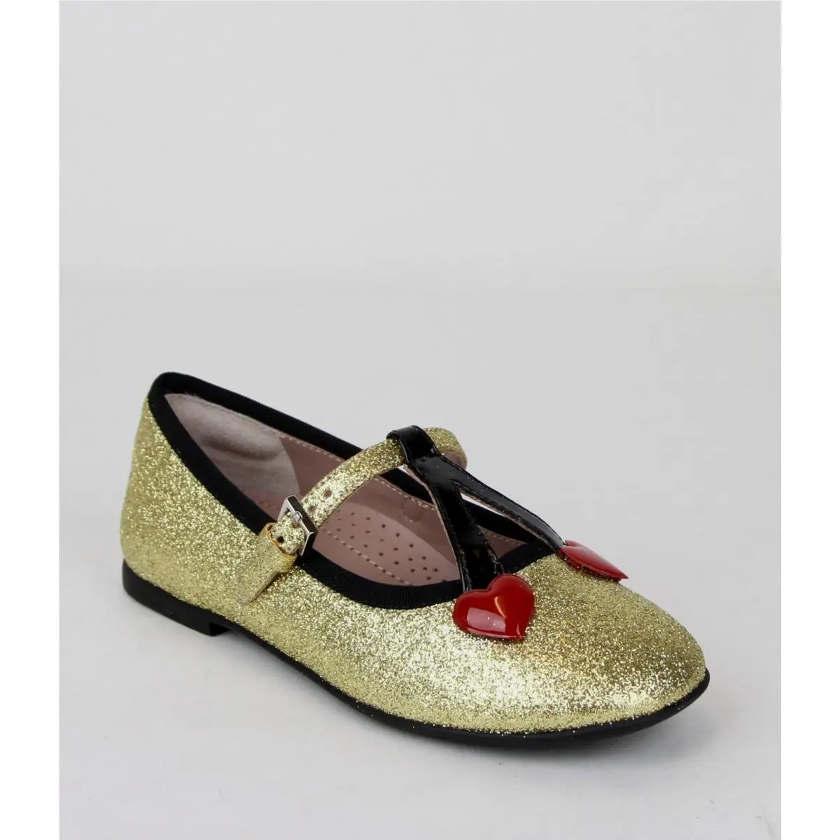 Girl Toddler Gold Shimmer Fabric Ballet Flats W/cherry Hearts 433118 8090 by Gucci