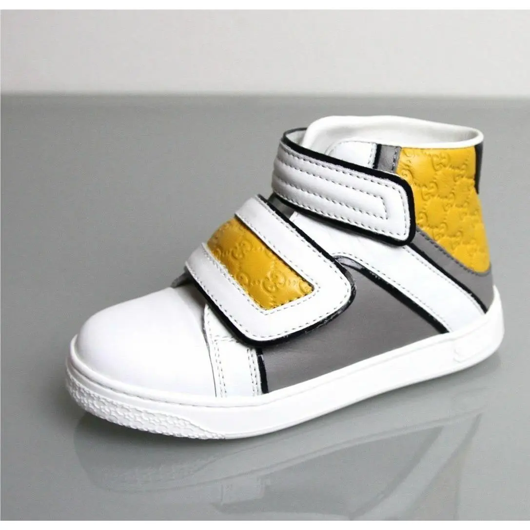 Gucci Kids White Leather Coda Pop High-top Sneaker W/yellow Trim 301354 9089