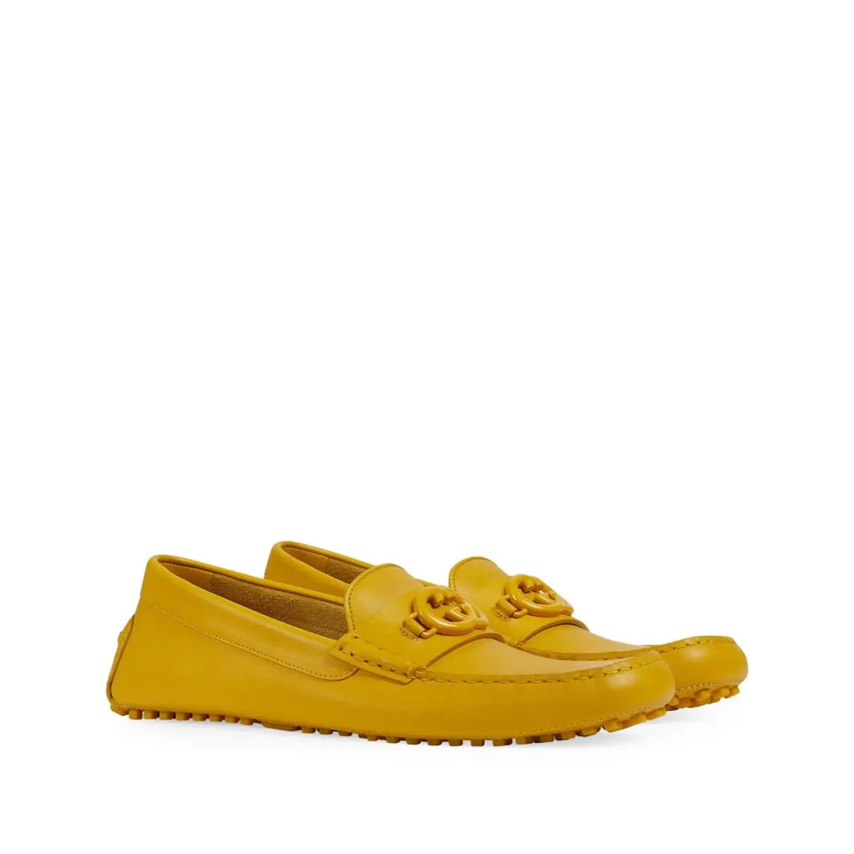 Men`s Gucci Yellow Leather Interlocking G Driving Loafer Moccas - Yellow