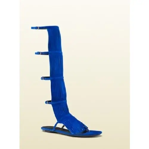 Gucci Becky Suede Knee High Gladiator Sandal W/fringe Blue 351310 4325