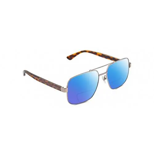 Gucci GG0529S Pilot Polarized Bifocal Sunglasses Ruthenium Tortoise 60mm 41Opt - Frame: Multicolor, Lens: Blue Mirror