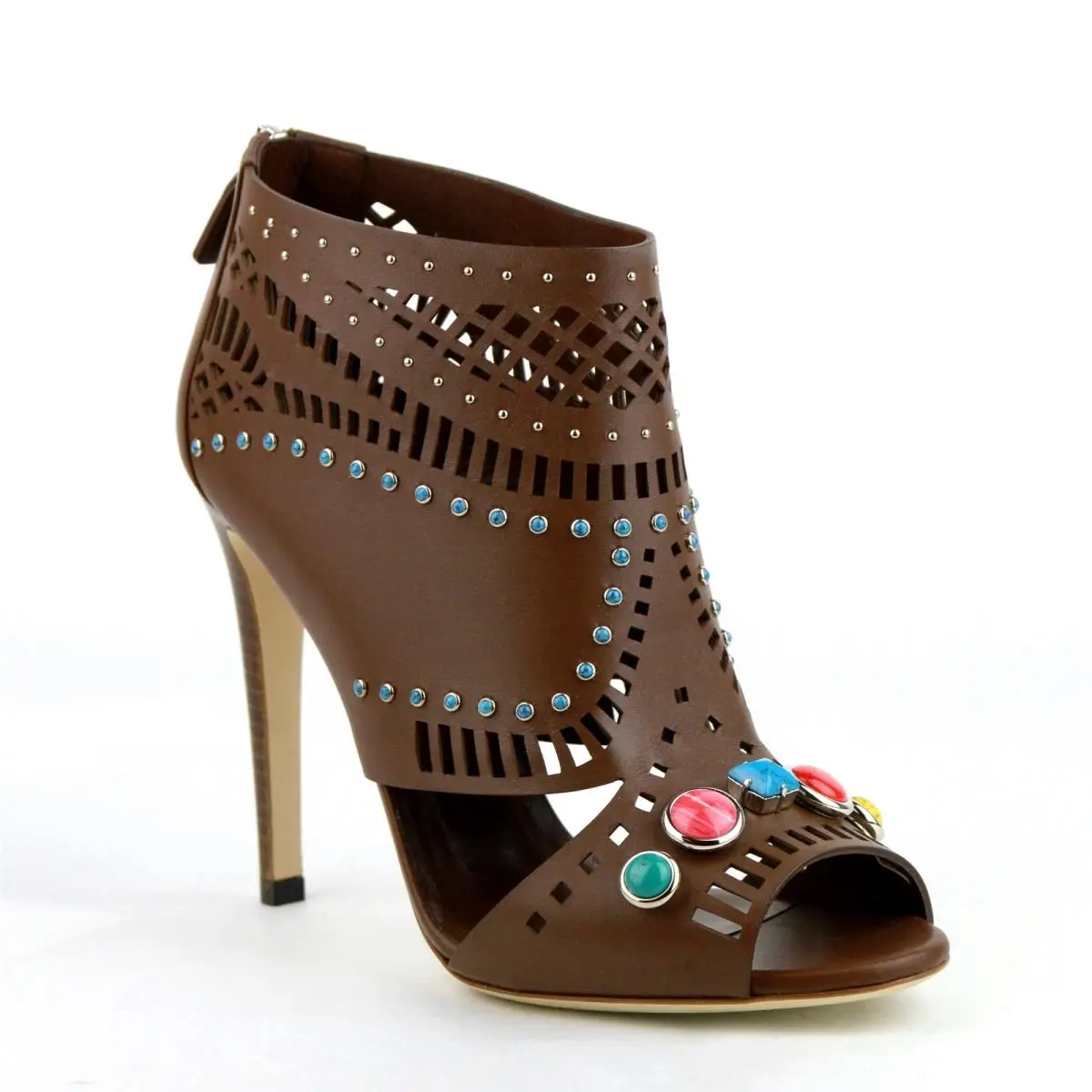 Brown Opened Toed Heel Boots with Gem Detail 371057 2548 by Gucci