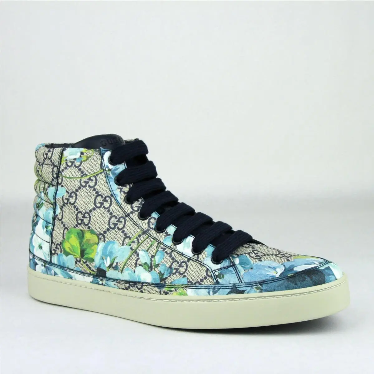 Gucci Supreme GG Coated Canvas Blue Bloom Print Hi Top Sneaker Shoes 407342 8470